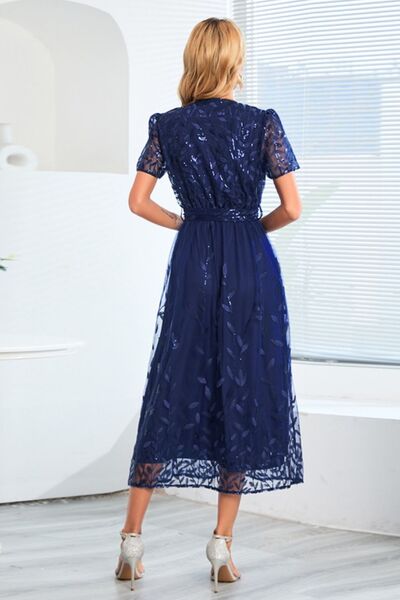 Blue Zone Planet |  Sequin Leaf Embroidery Tie Front Short Sleeve Dress BLUE ZONE PLANET