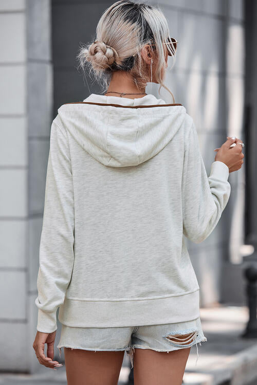 Half Button Drawstring Long Sleeve Hoodie BLUE ZONE PLANET