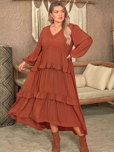 Blue Zone Planet | Plus Size Ruffled V-Neck Balloon Sleeve Dress BLUE ZONE PLANET
