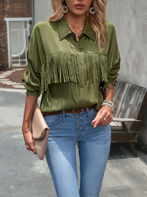 Buttoned Tassel Collared Neck Shirt BLUE ZONE PLANET