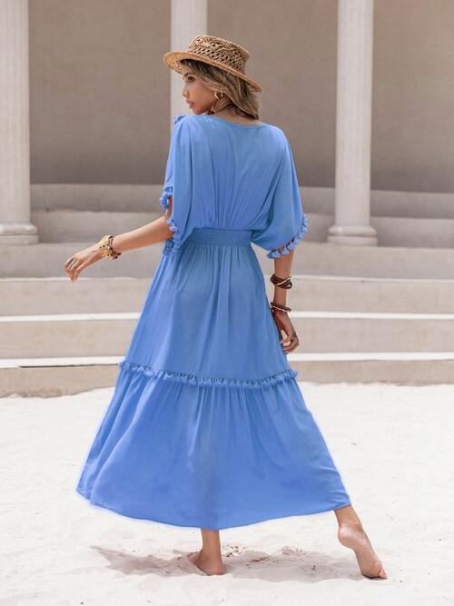 Tassel Trim Smocked V-Neck Short Sleeve Dress BLUE ZONE PLANET