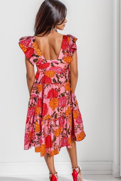 Ruffled Floral Square Neck Tiered Dress BLUE ZONE PLANET