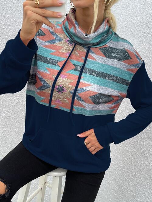 Geometric Drawstring Long-Sleeve Sweatshirt BLUE ZONE PLANET