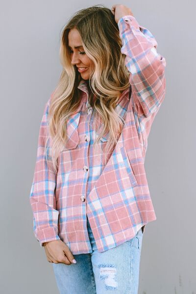 Plaid Pocketed Collared Neck Button Up Jacket BLUE ZONE PLANET