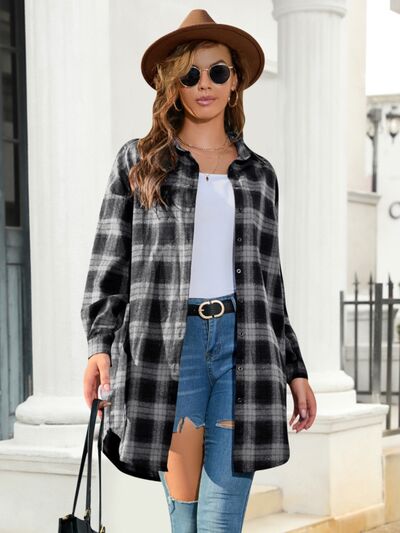 Blue Zone Planet | Plaid Button Up Dropped Shoulder Shirt BLUE ZONE PLANET