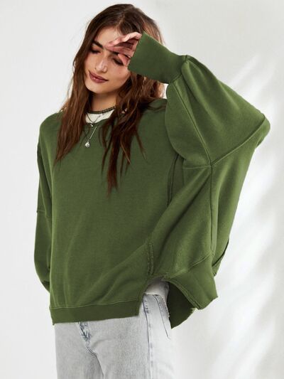 Slit Round Neck Dropped Shoulder T-Shirt Trendsi