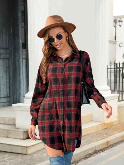Blue Zone Planet | Plaid Button Up Dropped Shoulder Shirt BLUE ZONE PLANET