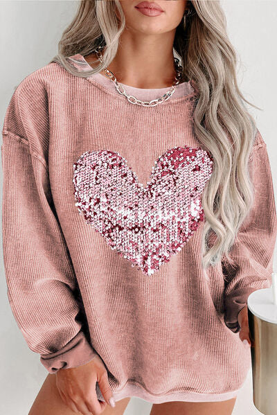 Blue Zone Planet | Plus Size Heart Sequin Round Neck Sweatshirt BLUE ZONE PLANET