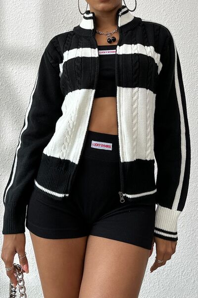 Cable-Knit Color Block Raglan Sleeve Cardigan BLUE ZONE PLANET