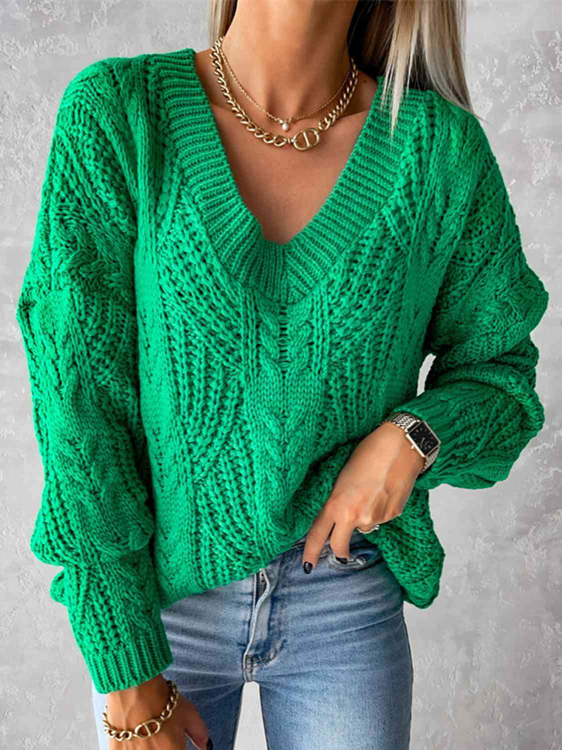 V-Neck Cable-Knit Long Sleeve Sweater BLUE ZONE PLANET