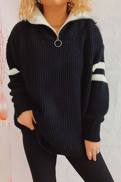 Quarter Zip Striped Dropped Shoulder Sweater Trendsi