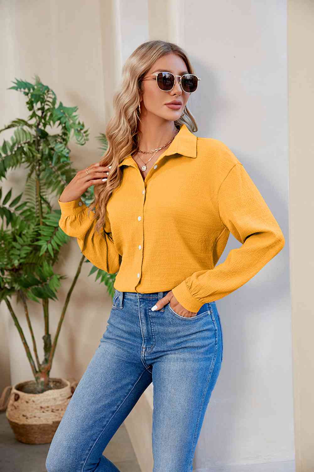 Collared Neck Buttoned Long Sleeve Shirt BLUE ZONE PLANET