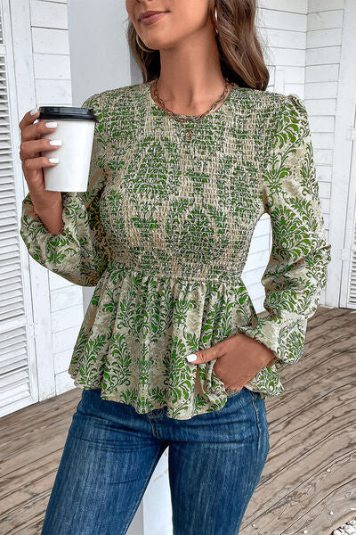 Blue Zone Planet | Smocked Printed Balloon Sleeve Blouse BLUE ZONE PLANET