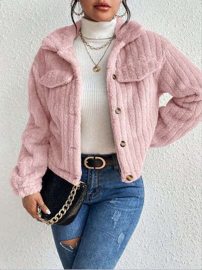 Blue Zone Planet | Fuzzy Button Up Collared Neck Jacket BLUE ZONE PLANET