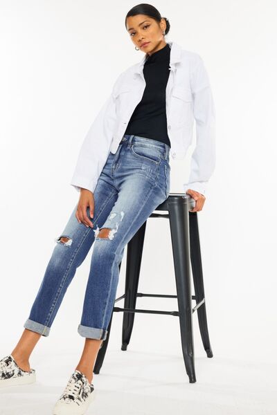 Kancan High Waist Distressed Hem Detail Cropped Straight Jeans BLUE ZONE PLANET