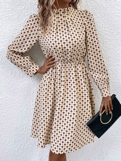 Printed Ruched Mock Neck Long Sleeve Dress Trendsi
