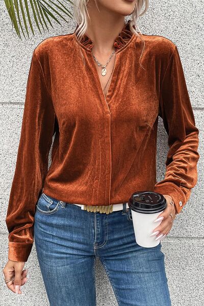 Blue Zone Planet | Notched Frill Detail Long Sleeve Blouse BLUE ZONE PLANET