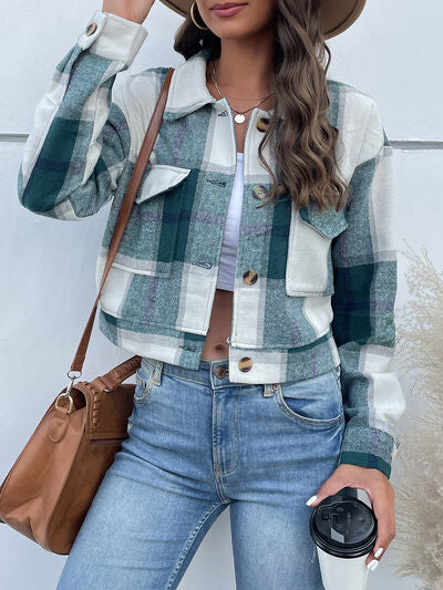 Blue Zone Planet | Plaid Button Up Drop Shoulder Cropped Jacket BLUE ZONE PLANET