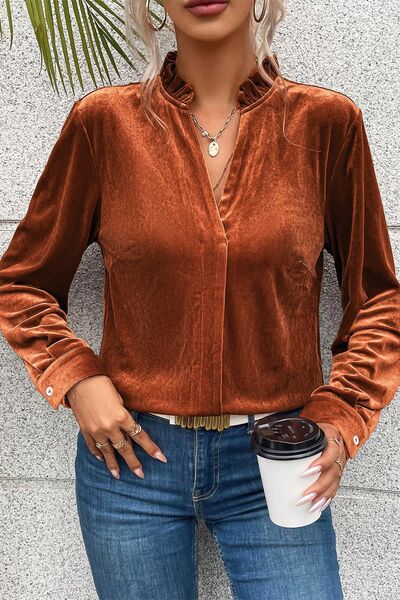 Blue Zone Planet | Notched Frill Detail Long Sleeve Blouse BLUE ZONE PLANET