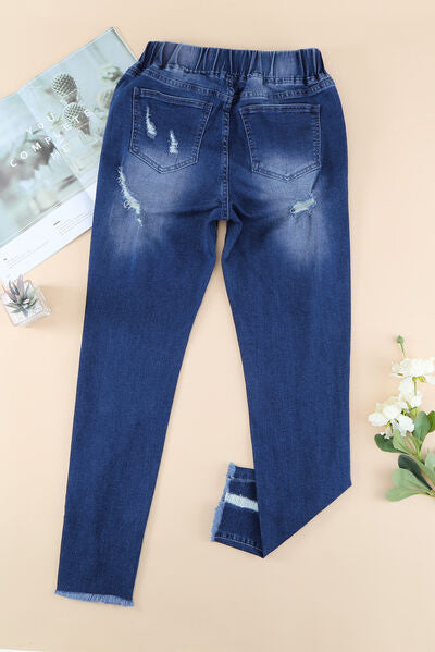 Blue Zone Planet | Drawstring Distressed Raw Hem Jeans with Pockets BLUE ZONE PLANET