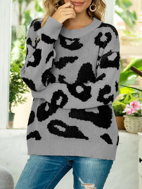 Drop Shoulder Leopard Pullover Sweater BLUE ZONE PLANET