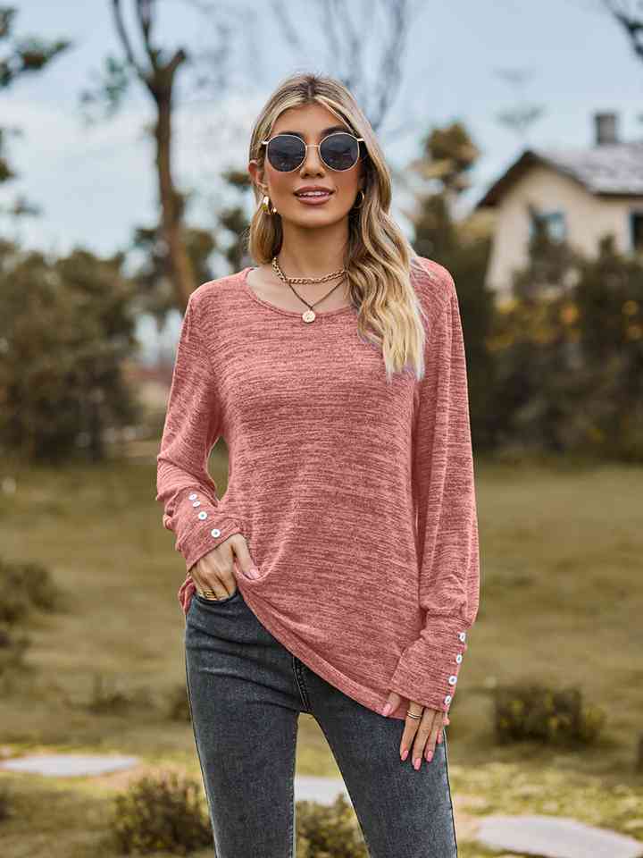 Round Neck Long Sleeve Buttoned T-Shirt BLUE ZONE PLANET