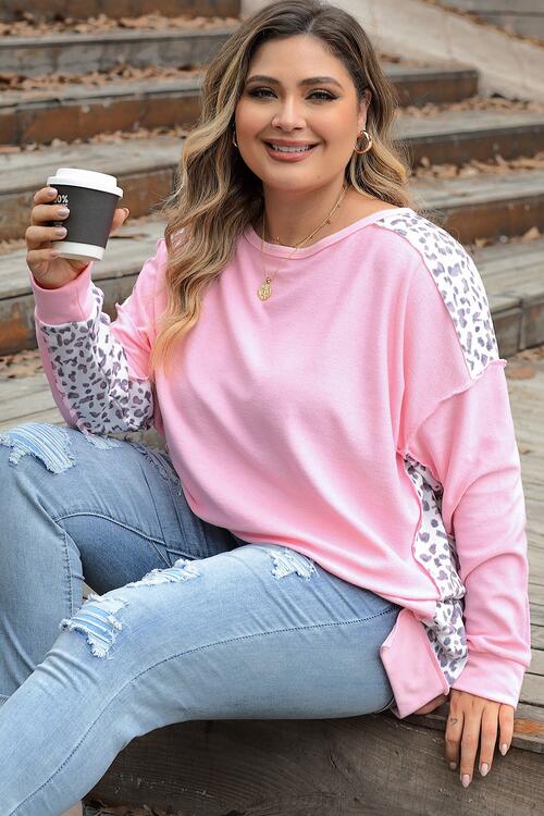 Plus Size Leopard Exposed Seam Long Sleeve Sweatshirt BLUE ZONE PLANET