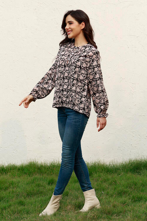 Floral Flounce Sleeve Round Neck Blouse BLUE ZONE PLANET