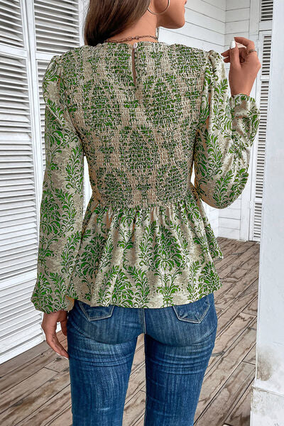 Blue Zone Planet | Smocked Printed Balloon Sleeve Blouse BLUE ZONE PLANET