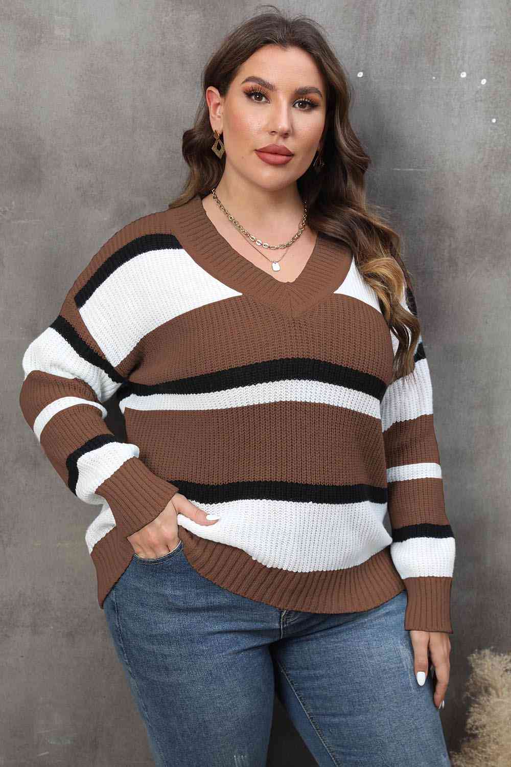 Plus Size Striped V-Neck Dropped Shoulder Sweater BLUE ZONE PLANET