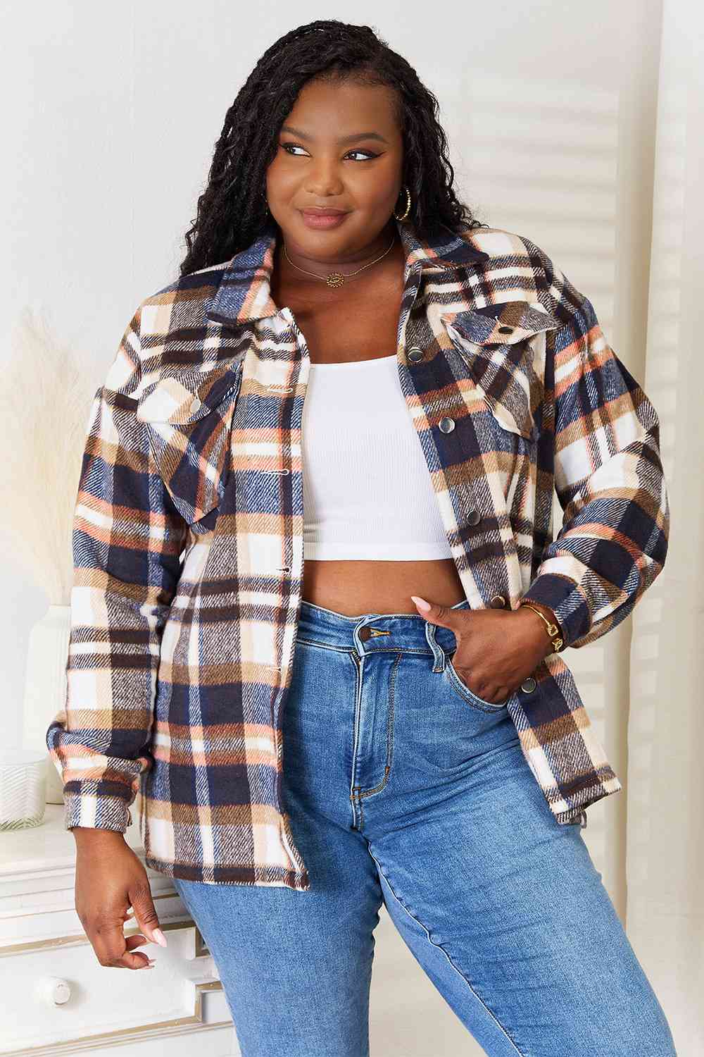 Blue Zone Planet | Double Take Plaid Button Front Shirt Jacket with Breast Pockets BLUE ZONE PLANET