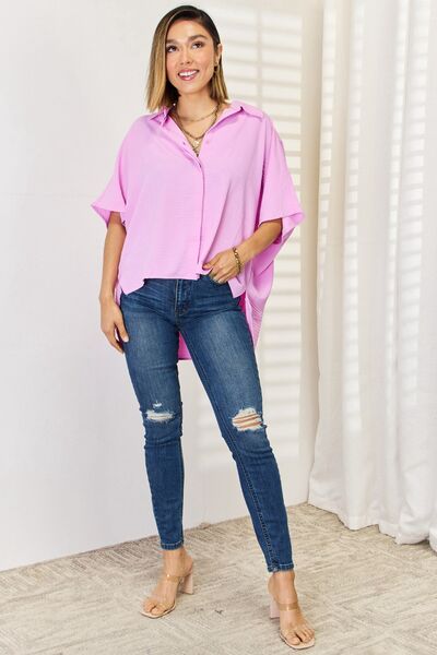 Zenana Texture Button Up Short Sleeve High-Low Shirt BLUE ZONE PLANET