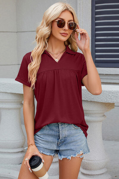 Blue Zone Planet | Ruched Johnny Collar Short Sleeve Blouse BLUE ZONE PLANET