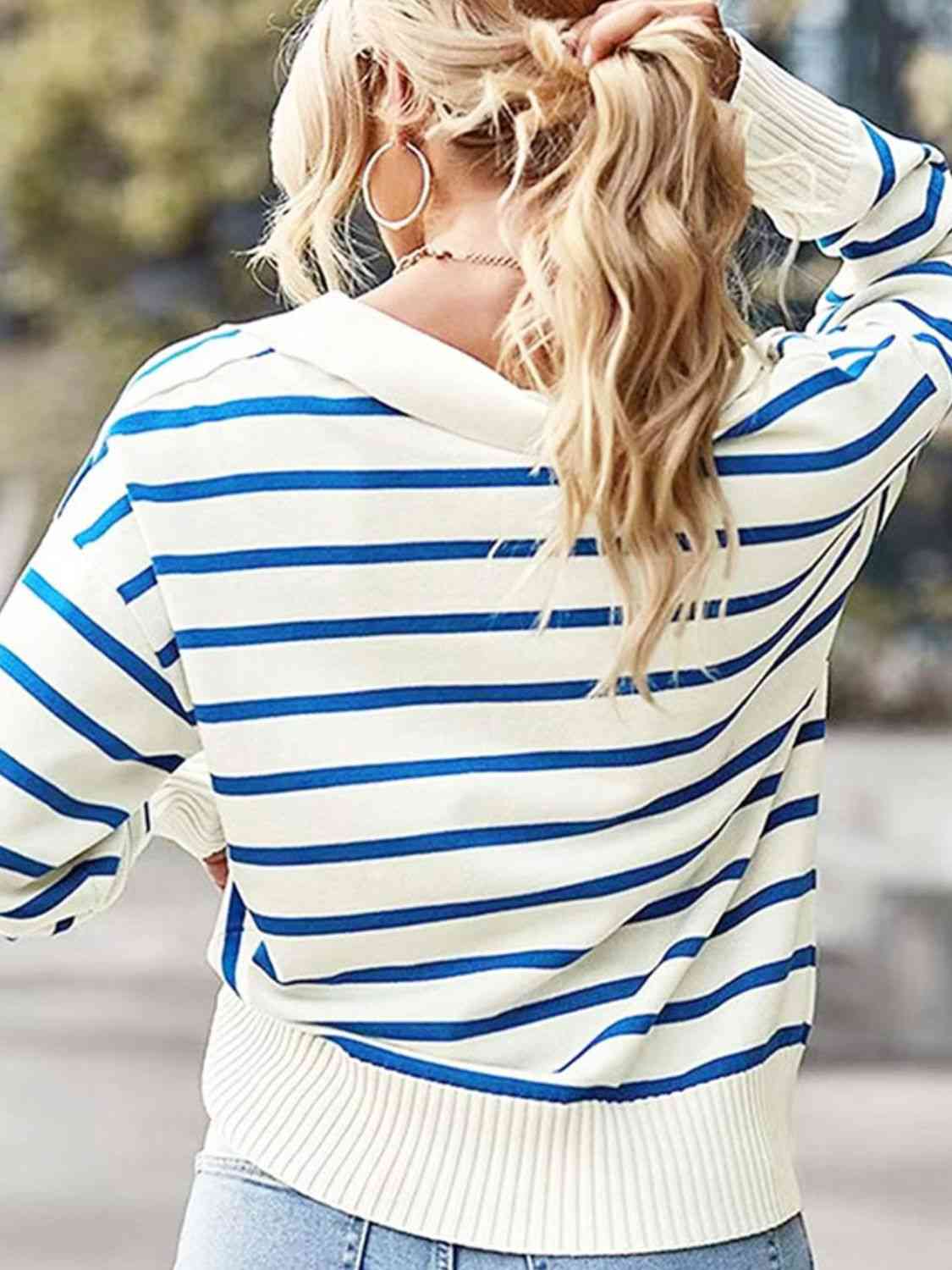 Striped Collared Neck Knit Top BLUE ZONE PLANET