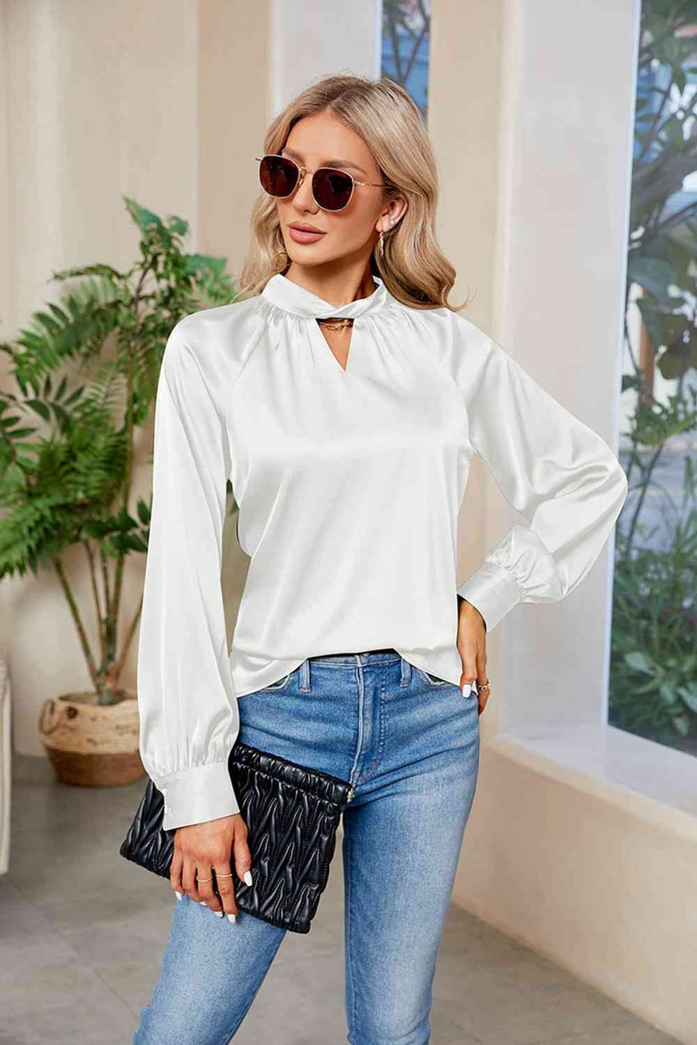 Cutout Mock Neck Long Sleeve Top BLUE ZONE PLANET
