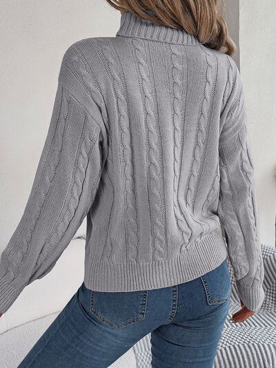 Blue Zone Planet | Cable-Knit Turtleneck Dropped Shoulder Sweater BLUE ZONE PLANET