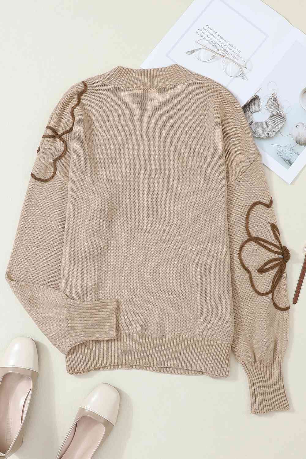 Floral Round Neck Drop Shoulder Sweater BLUE ZONE PLANET