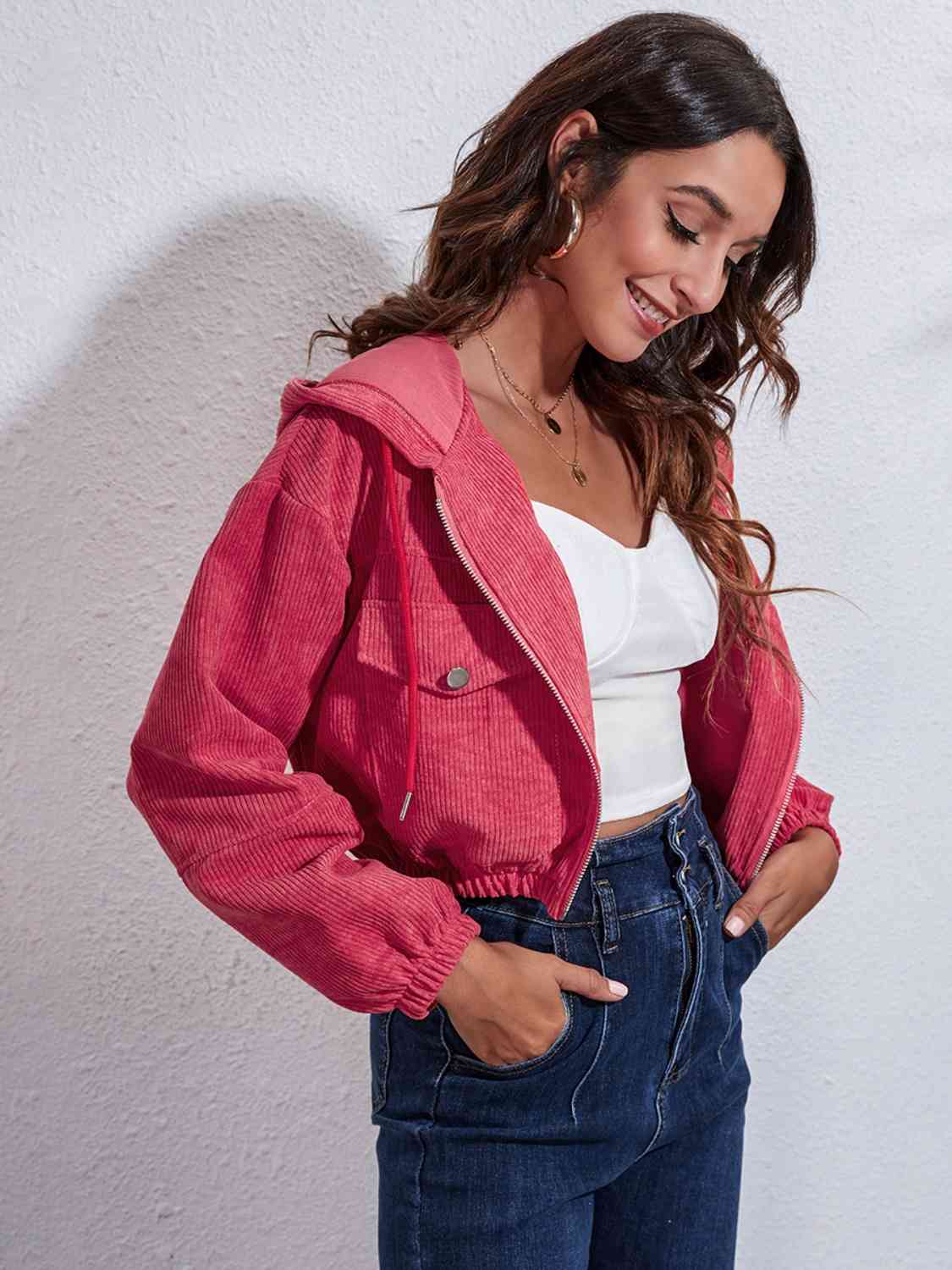 Drawstring Hooded Zip Up Jacket with Pockets BLUE ZONE PLANET