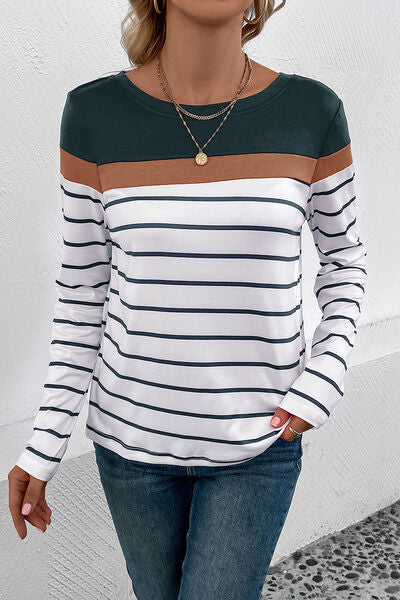 Blue Zone Planet | Striped Round Neck Long Sleeve T-Shirt BLUE ZONE PLANET