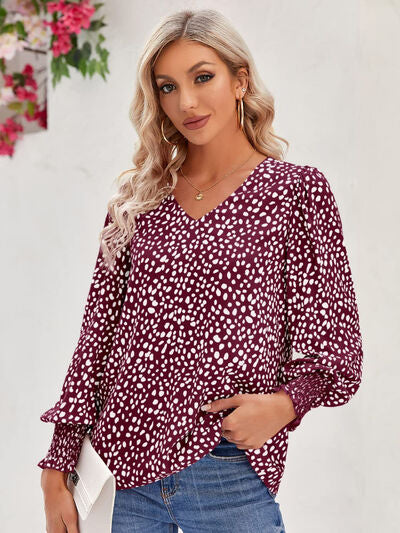 Blue Zone Planet | Printed V-Neck Lantern Sleeve Blouse BLUE ZONE PLANET