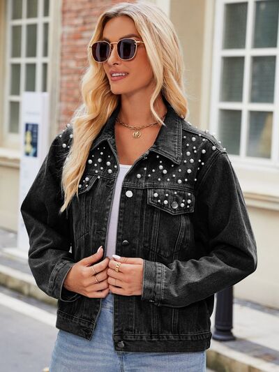 Pearl Detail Collared Neck Long Sleeve Denim Jacket BLUE ZONE PLANET