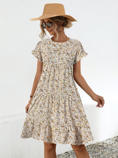 Blue Zone Planet |  Frill Floral Round Neck Short Sleeve Tiered Dress BLUE ZONE PLANET