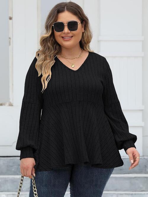 Plus Size Ribbed V-Neck Long Sleeve Blouse BLUE ZONE PLANET
