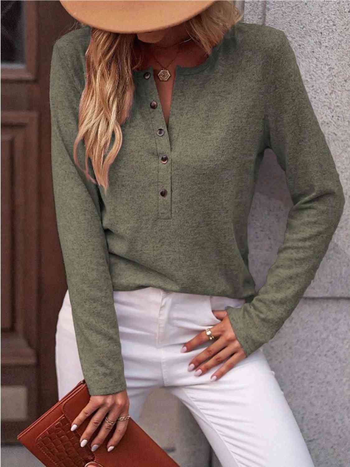 Round Neck Buttoned Long Sleeve T-Shirt BLUE ZONE PLANET