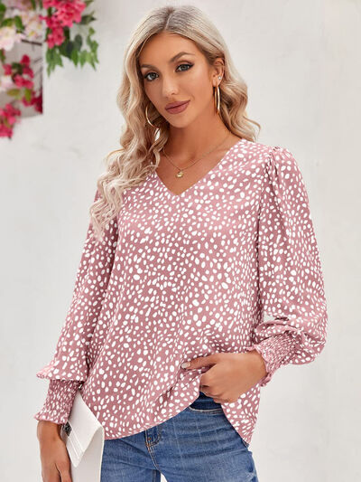Blue Zone Planet | Printed V-Neck Lantern Sleeve Blouse BLUE ZONE PLANET