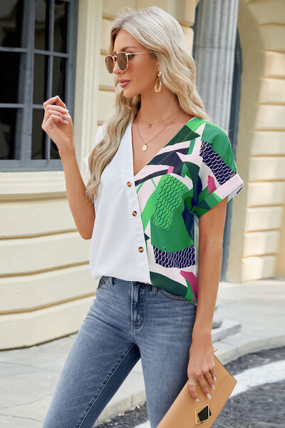 Blue Zone Planet | Printed Surplice Short Sleeve Blouse BLUE ZONE PLANET