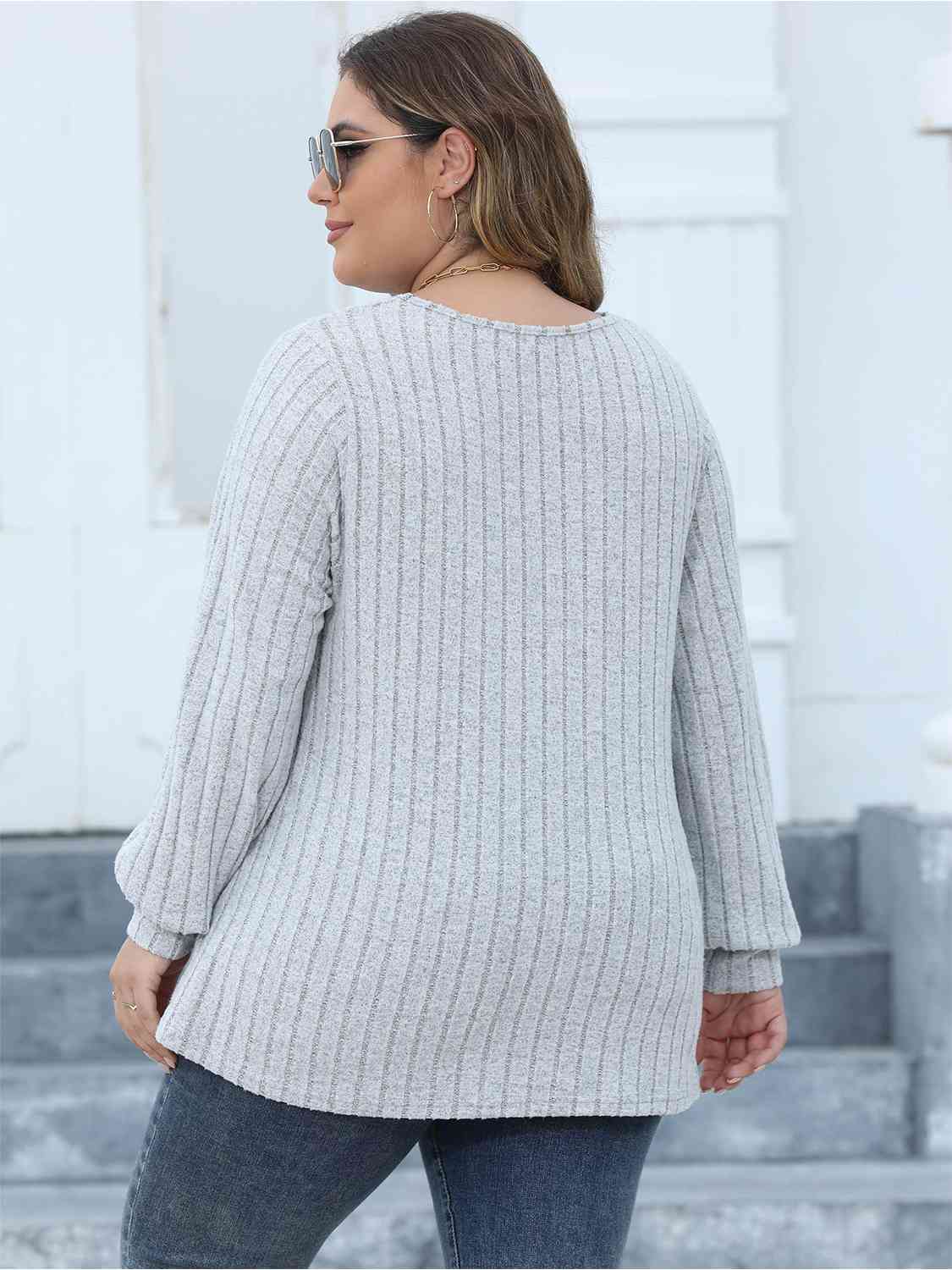 Plus Size Ribbed V-Neck Long Sleeve Top BLUE ZONE PLANET