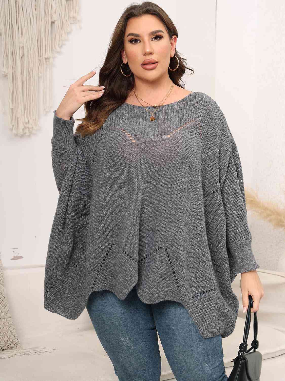 Plus Size Round Neck Batwing Sleeve Sweater BLUE ZONE PLANET