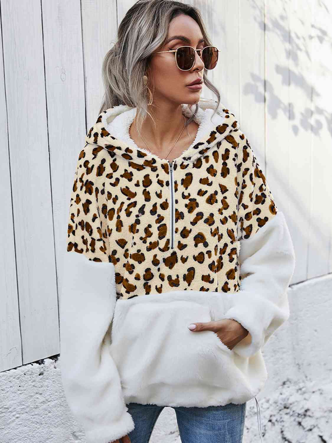 Blue Zone Planet | Leopard Half-Zip Dropped Shoulder Hoodie BLUE ZONE PLANET