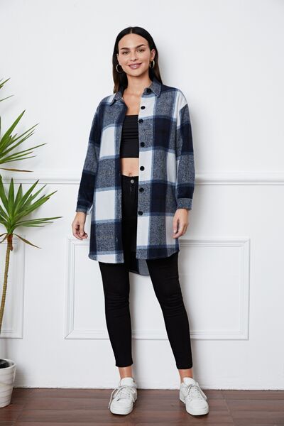 Plaid Button Up Collared Neck Outerwear BLUE ZONE PLANET